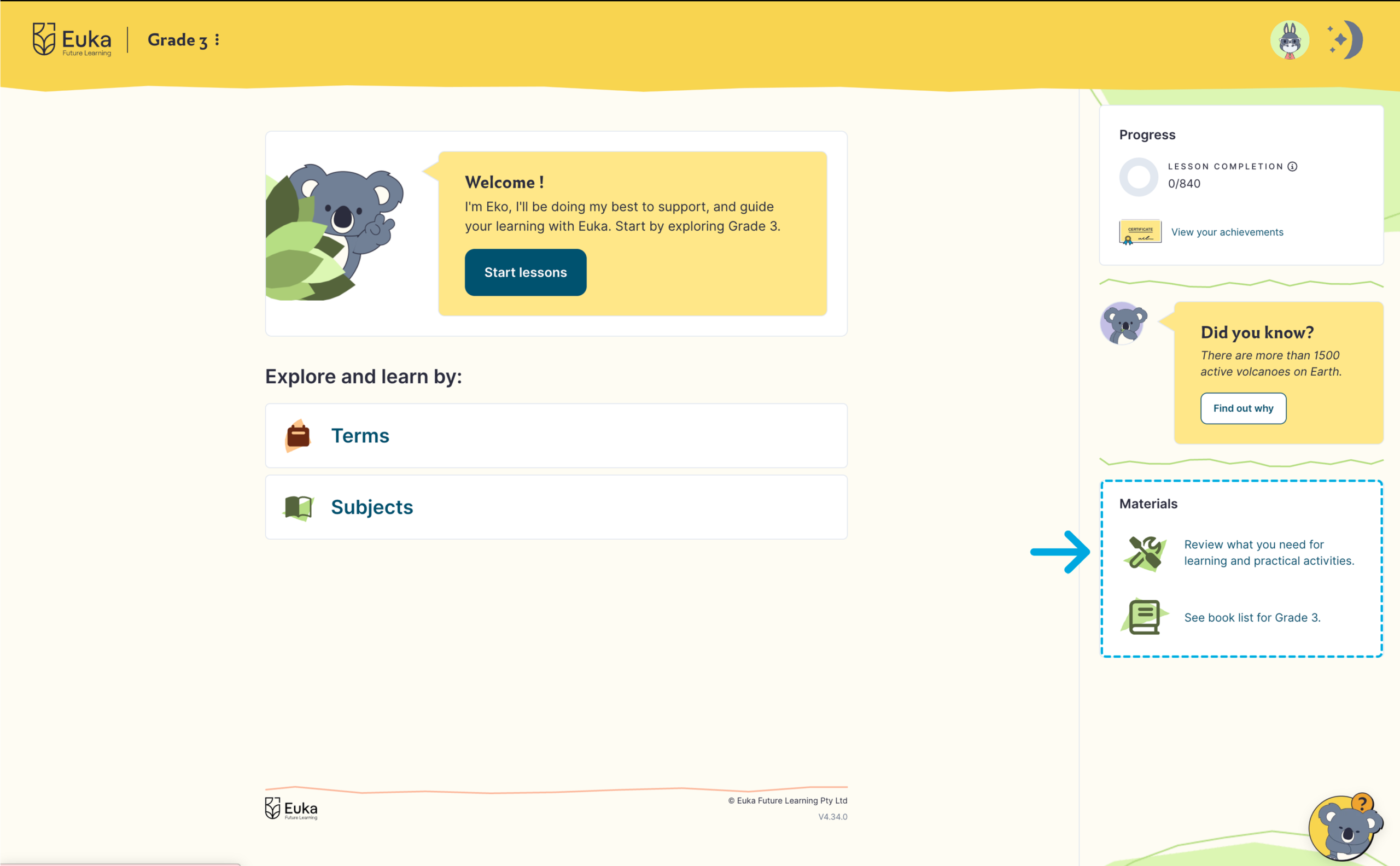The portal home page with the Materials panel highlighted, where you review what you need for learning and practical activities.