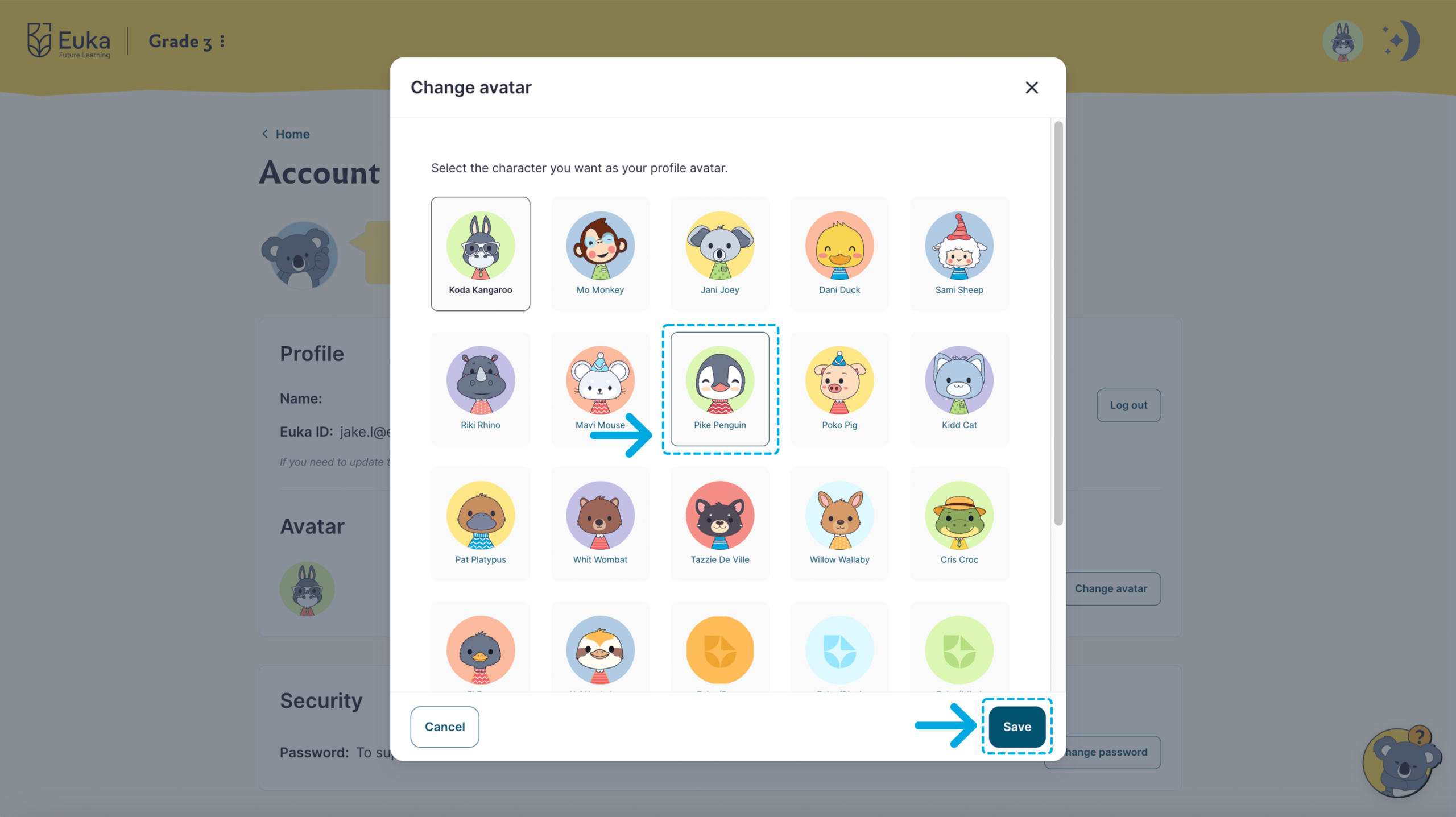 The avatar selection window, showing Australian animal characters and colour options.