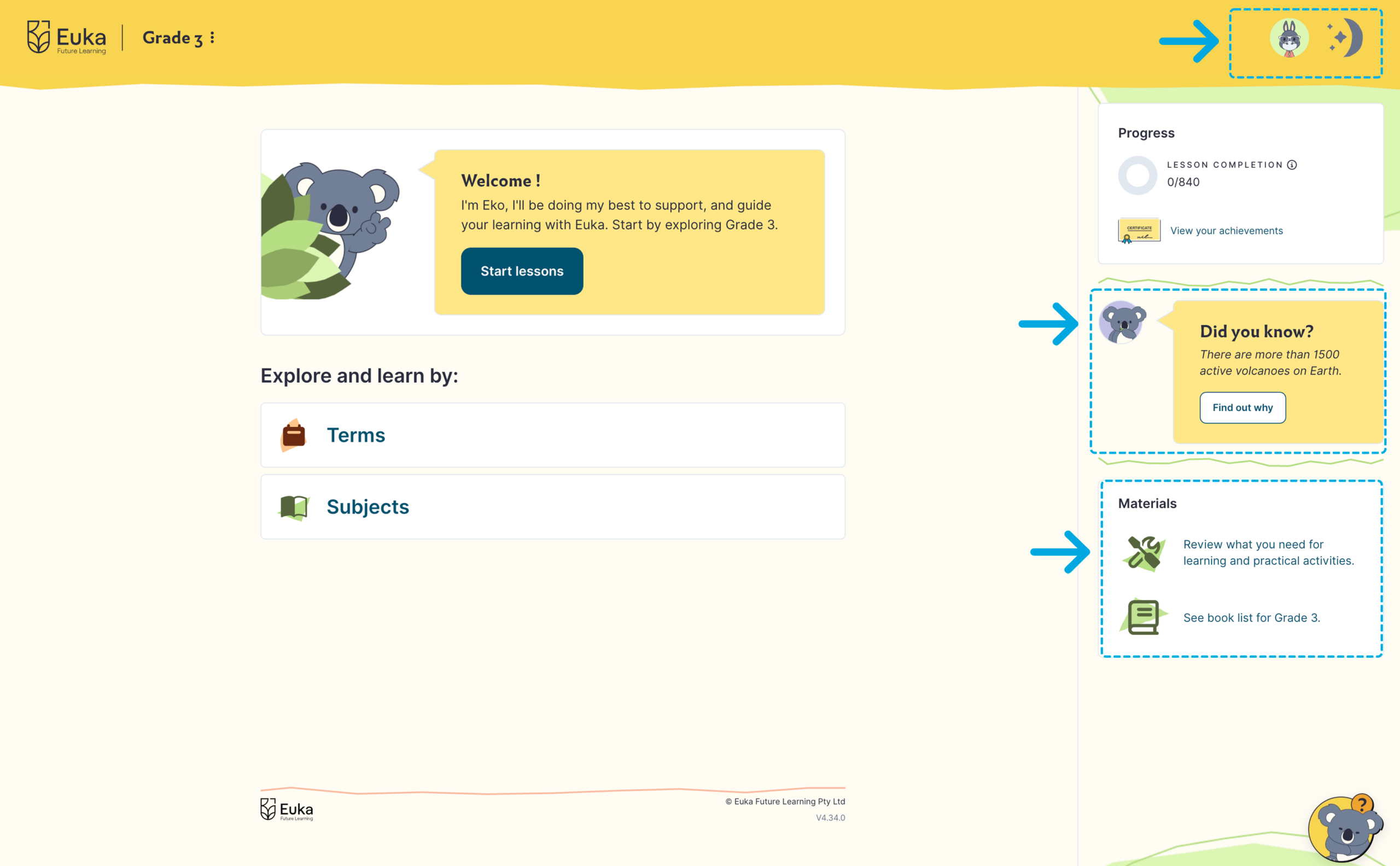 The Euka Primary Student Portal home page, showing the avatar, Eko's fun fact, the progress panel and the Materials List.
