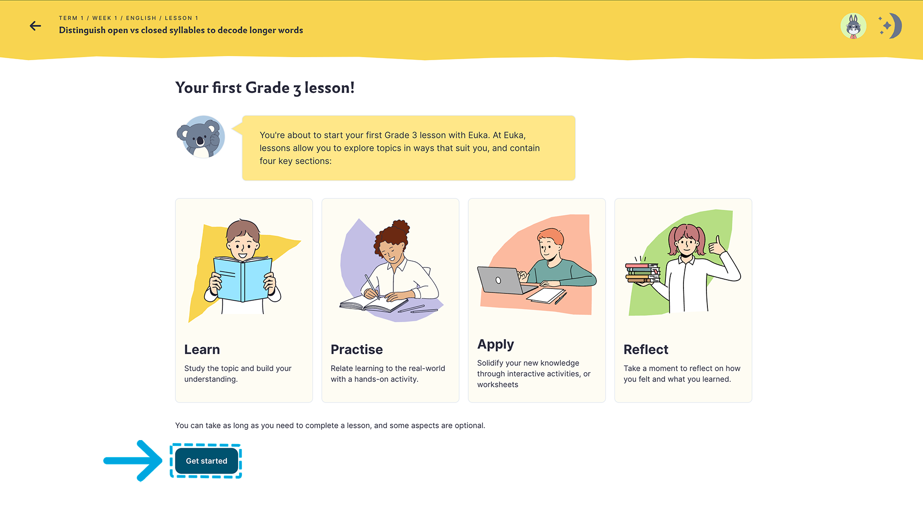 A lesson introduction page showing the Learn, Practise, Apply and Reflect cards and the Get started button.