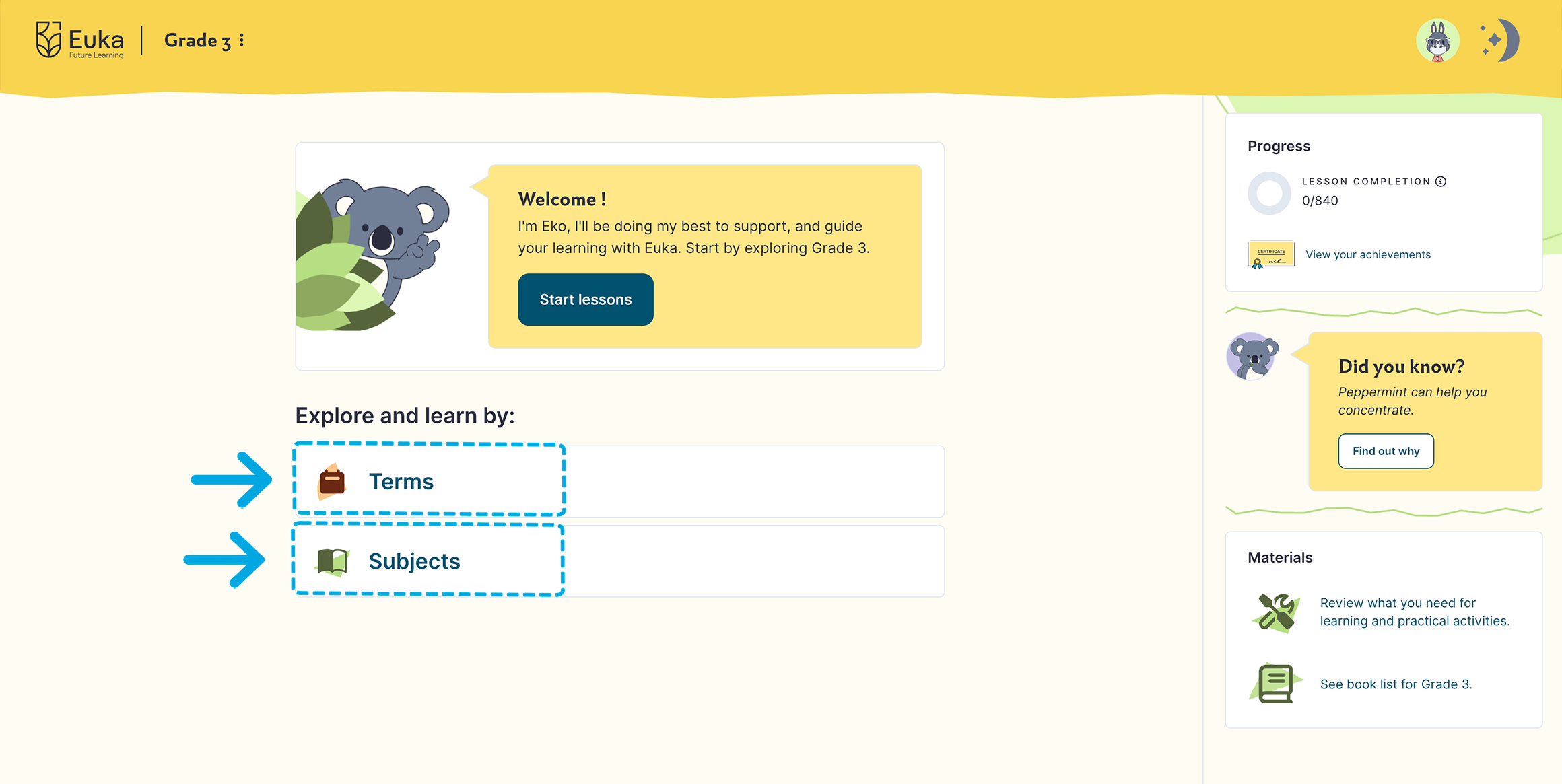 The portal home page with the Terms and Subjects options highlighted under “Explore and learn by”.