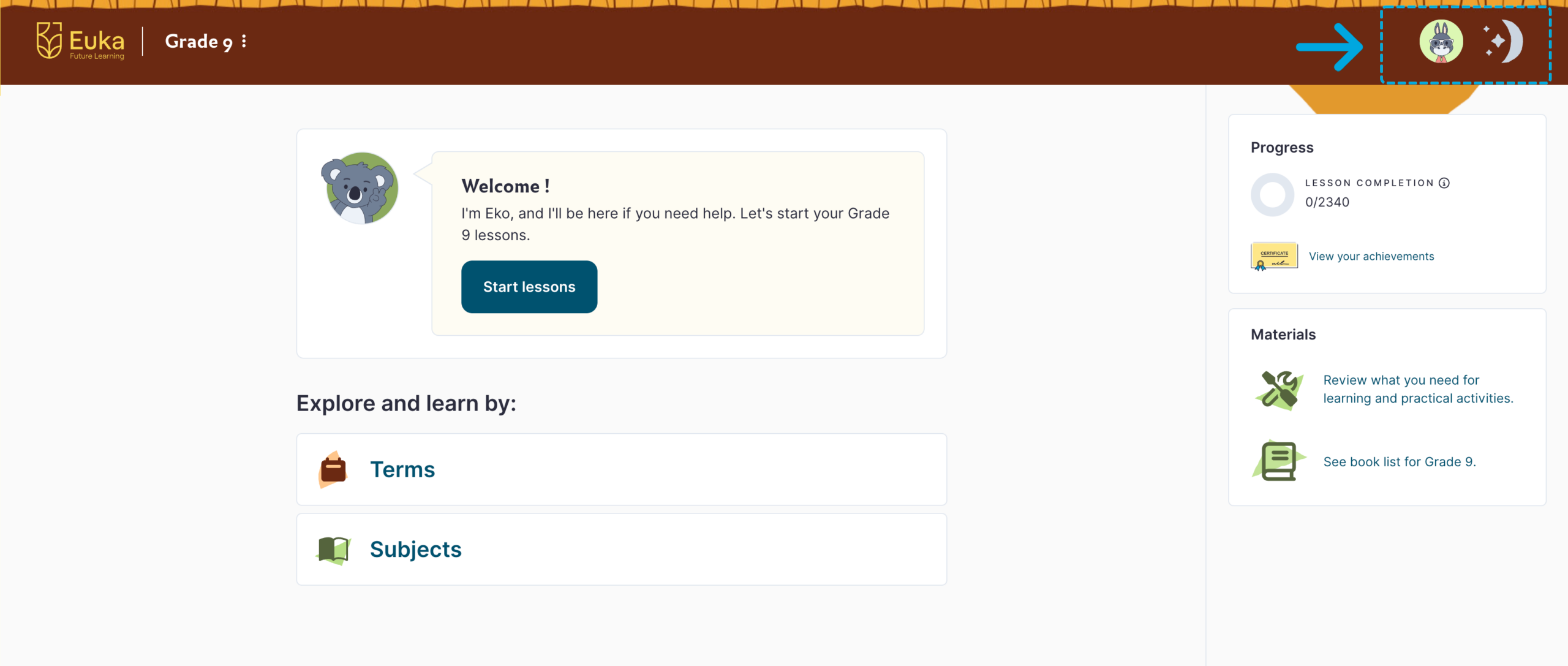 The Secondary portal home page with the avatar and day/night toggle highlighted in the top corner.
