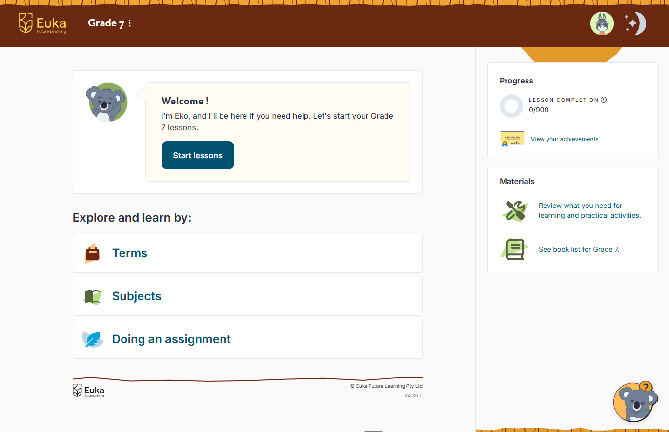 The Euka Primary Student Portal home page, showing the avatar, Eko's fun fact, the progress panel and the Materials List.
