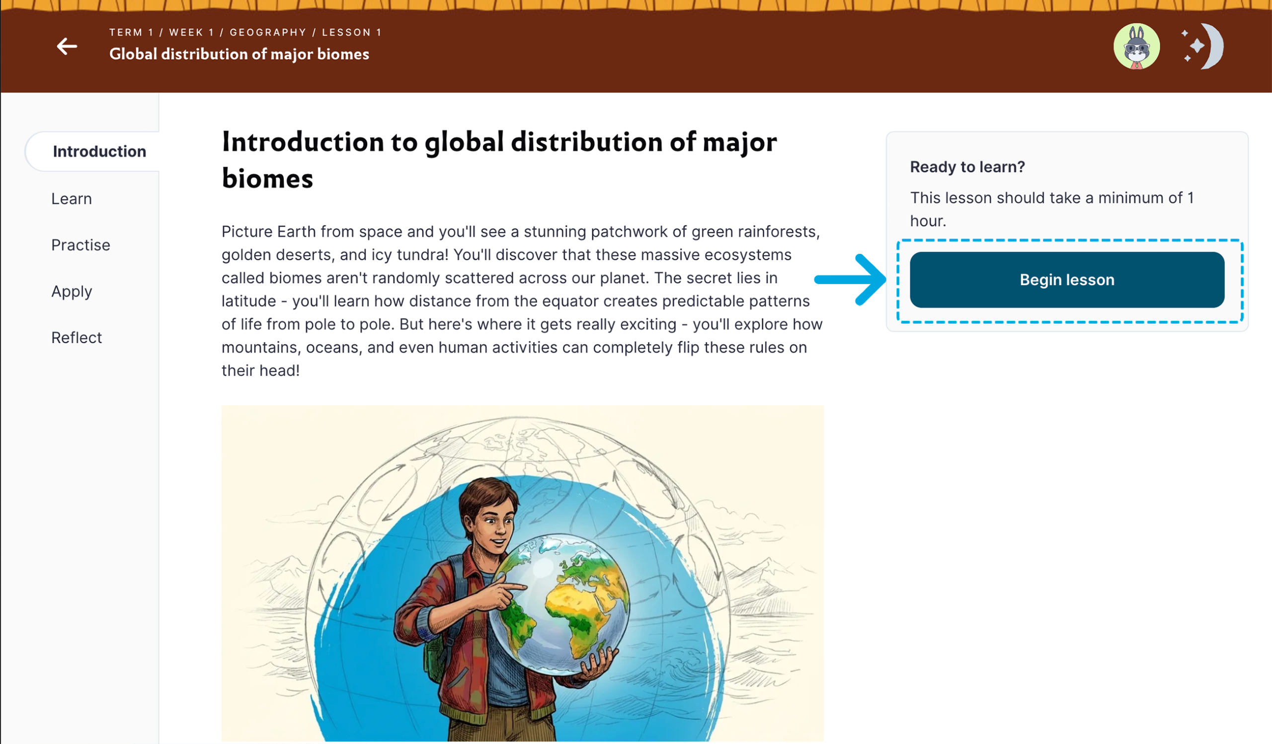 A lesson introduction page, showing the Begin lesson button.