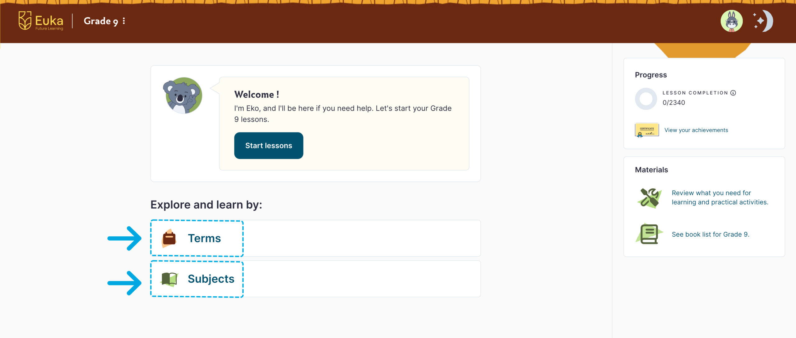The Secondary portal home page with the Terms and Subjects options highlighted under “Explore and learn by”.