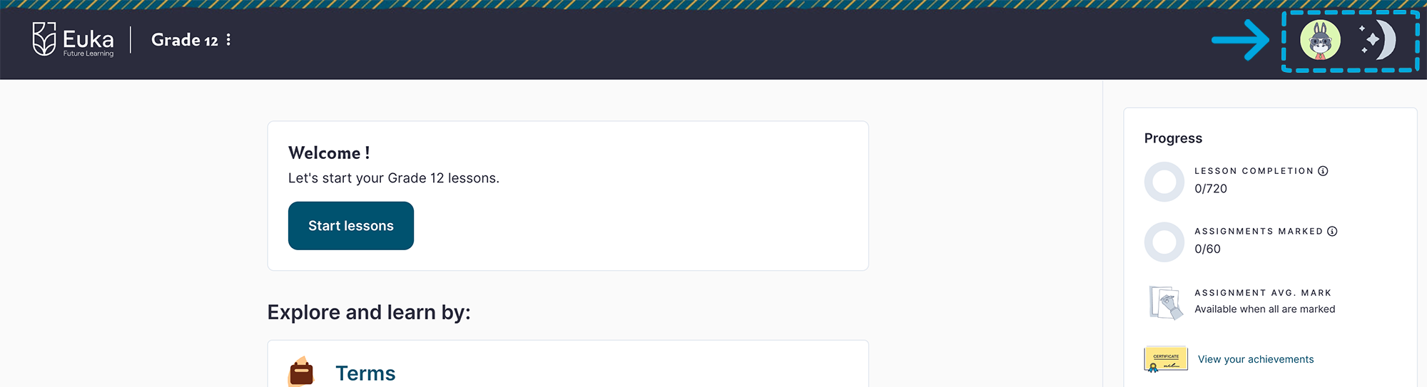 The Senior portal header with the avatar and day/night toggle highlighted.