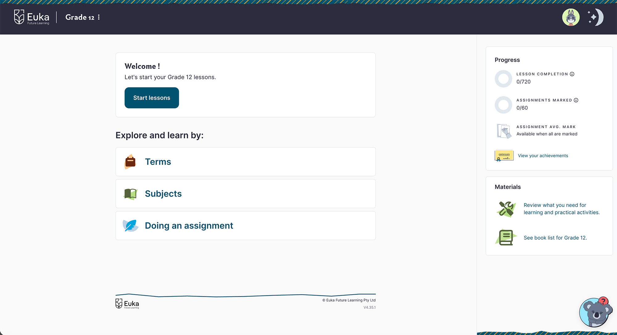 The Senior portal home page, showing the Progress panel with lesson completion, assignments marked and average mark.