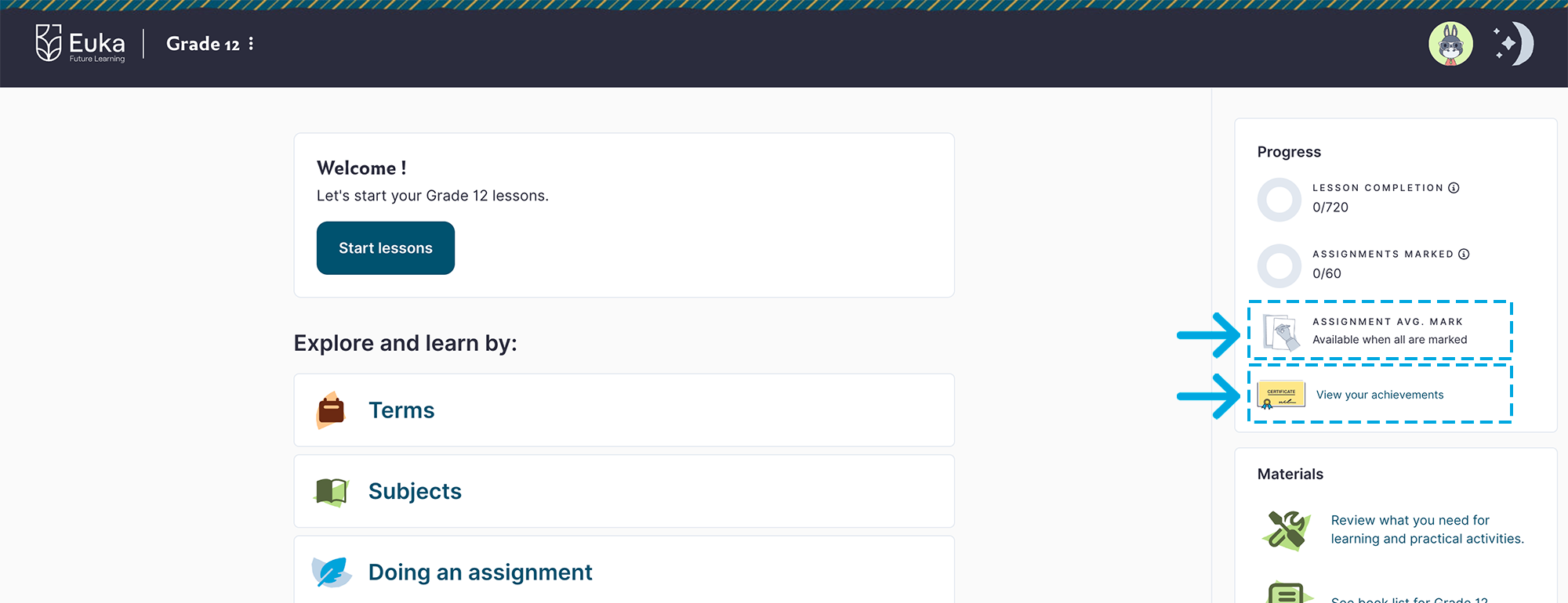 The Progress panel with assignment average mark and View your achievements highlighted.