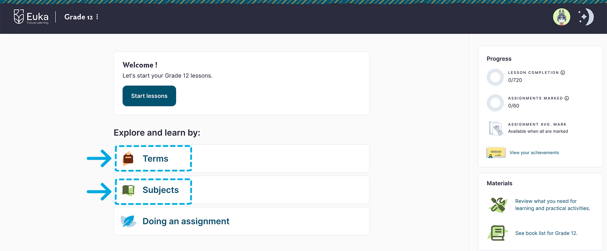 The Senior portal home page with the Terms and Subjects options highlighted under “Explore and learn by”.