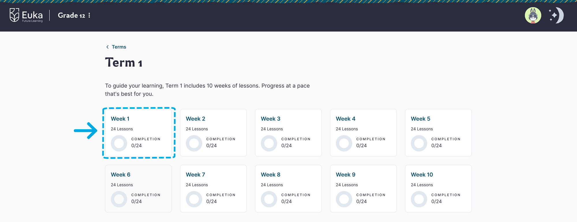 Term 1 showing ten weeks of lessons, with Week 1 highlighted.
